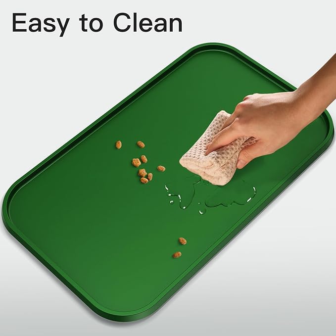 Feedoo Pet Feeding Mat [Warped Resistant Raised Edge], Water-Proof Silicone Placement for Food Water Bowls, Anti-Slip Base Protect Floor, BPA-Free&Dishwasher-Safe [28.5x16.5inch XL, Green]