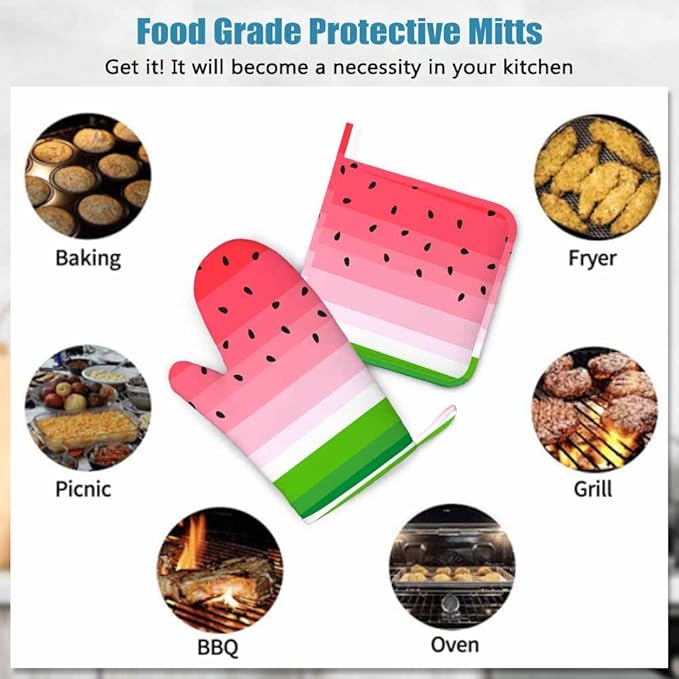 Mxocom Watermelons Oven Mitts and Pot Holders Sets Summer Fruit Watermelon Slice with Black Seeds Red Green Stripes Silicone Heat Resistant Kitchen Oven Gloves Pot Holder for Cooking