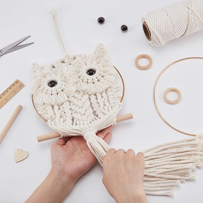 FREEBLOSS Macrame Owl Kit for Beginners Macrame Wall Hanging Kit White Cotton Cord DIY Owl Kit with Video Tutorial Hanging Decor for Adults Gift