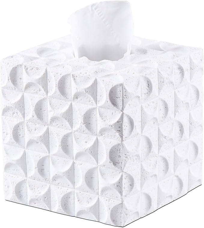 White Mosaic Tissue Box Cover Square for Home Decor, Relief Sculptured Geometric Cube Resin Heavy Tissue Box Holder for Bathroom Countertop, Tabletop, Night Stand, Office Desk