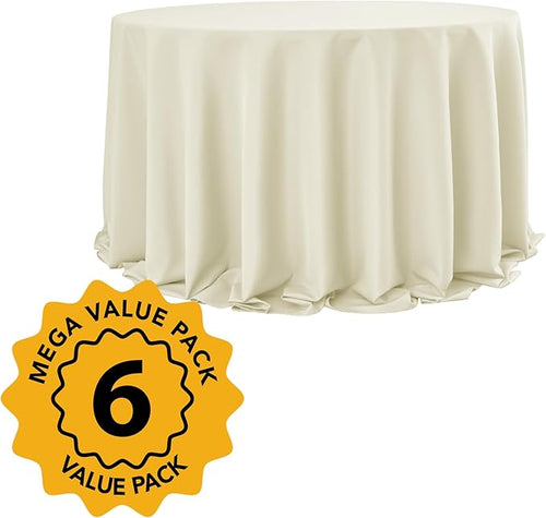 6-Pack Ivory Round Tablecloths, 132 Inches, Stain-Resistant Polyester for 6-8 Ft Round Tables - Washable Table Covers for Weddings, Banquets, Birthday Parties, Events