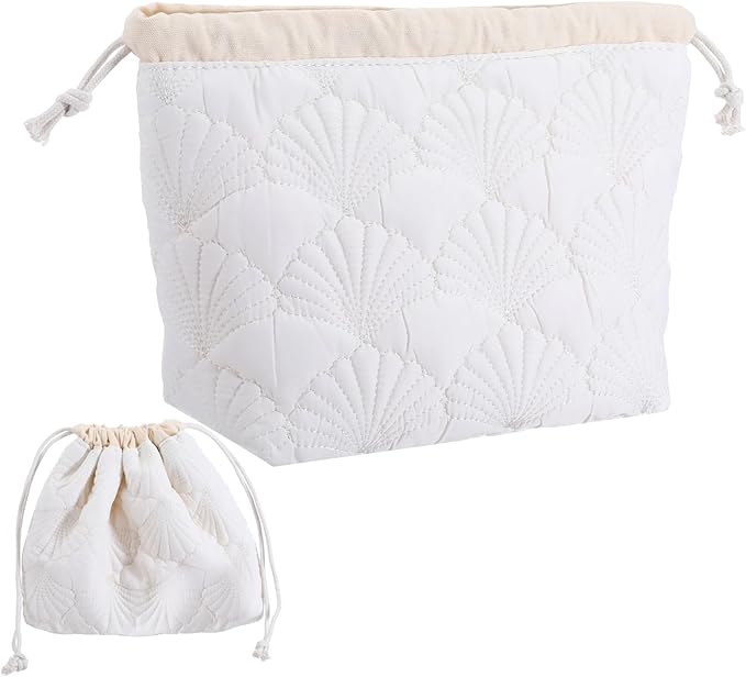 Thinp Quilted Makeup Bag, Cotton Makeup Pouch Coquette Quilted Toiletry Bag Portable Floral Cosmetic Bags Cute Seashell Travel Toiletry Pouch for Women and Girls (White)