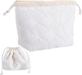 Thinp Quilted Makeup Bag, Cotton Makeup Pouch Coquette Quilted Toiletry Bag Portable Floral Cosmetic Bags Cute Seashell Travel Toiletry Pouch for Women and Girls (White)