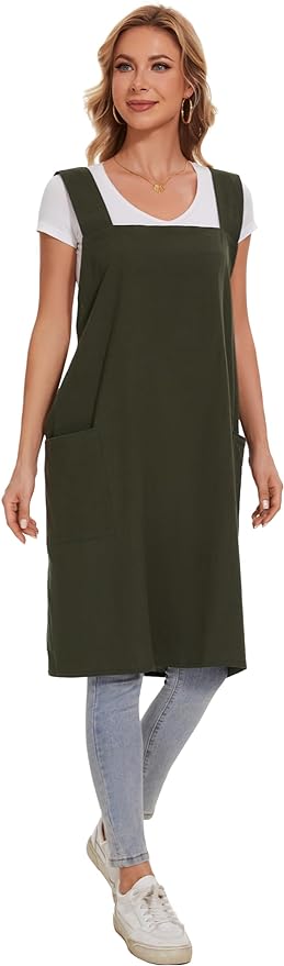 Linen Cotton Aprons for Women Smock Cross-Back Apron with Pockets