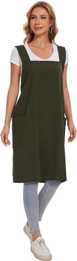 Linen Cotton Aprons for Women Smock Cross-Back Apron with Pockets