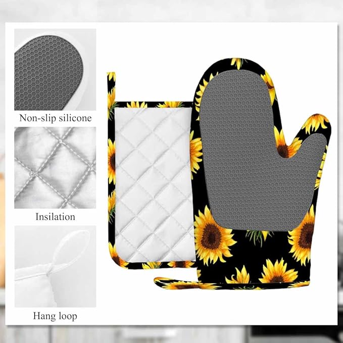 Mxocom Sunflowers Oven Mitts and Pot Holders Sets Flowers, Buds and Leaves on Black Background Silicone Heat Resistant Kitchen Oven Gloves Pot Holder for Cooking