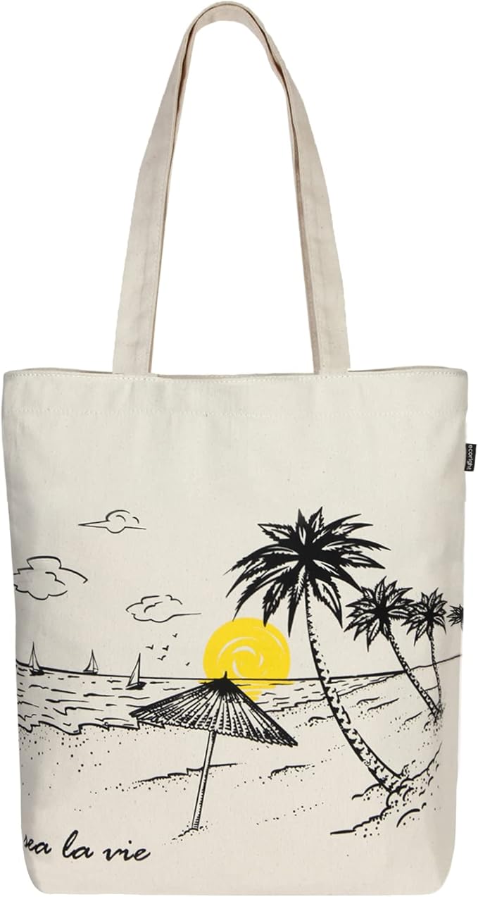 Ecoright Tote Bag for Women with Zipper, Small Tote Bag, Canvas Bag, Reusable Cotton Bag for Beach, Grocery, School & Work
