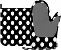 Mxocom Polka Dot Oven Mitt and Pot Holder with Silicone Black White Round Circle Heat Resistant Kitchen for Cooking BBQ Baking Grilling Spring/Summer