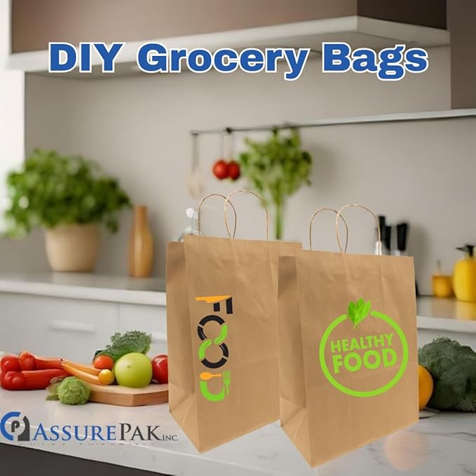 ASSUREPAK DIY Grocery Paper Bags - 50 Bags -12"x9"x16" - 74LB (110 GSM strong) Twisted Handle - Kraft/Natural - Recyclable Food & Supermarket Bags for Decorating & Branding