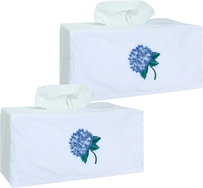 Fabric Tissue Box Cover Set of 2, Vintage Floral Embroidery Hydrangea Tissue Holder, Bouquet Wrapping Bag, Car Tissue Holder, Tissues Box Cover Rectangular 9.8"X5.9"X4.7", White Tissue Box Cover