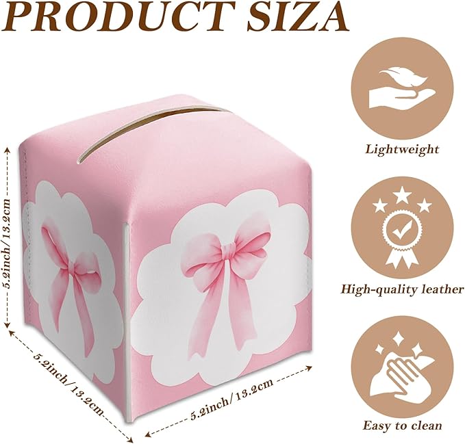 Pink Bow Ribbon Tissue Box Cover Square, Leather Tissue Holder with Bottom Belt, for Nightstands Desks Office Bathroom Car Vanity Home Decor Supplies -012