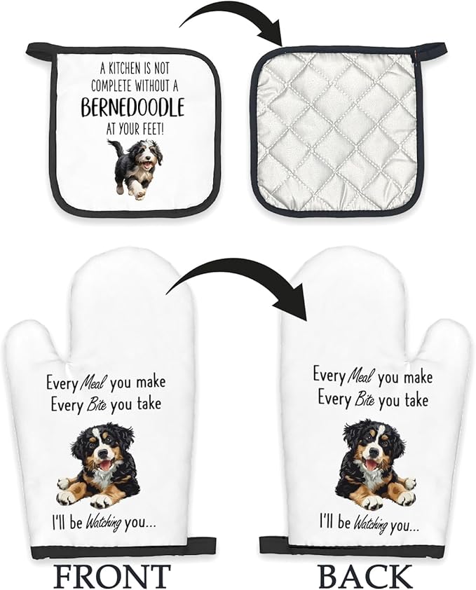 Bernedoodle Gifts Dog Oven Mitts and Pot Holders Sets, Bernedoodle Dog Gifts Dog Kitchen Accessories Sets, Complete Without a Bernedoodle Dog Heat Resistant Oven Glove Potholders for Kitchen