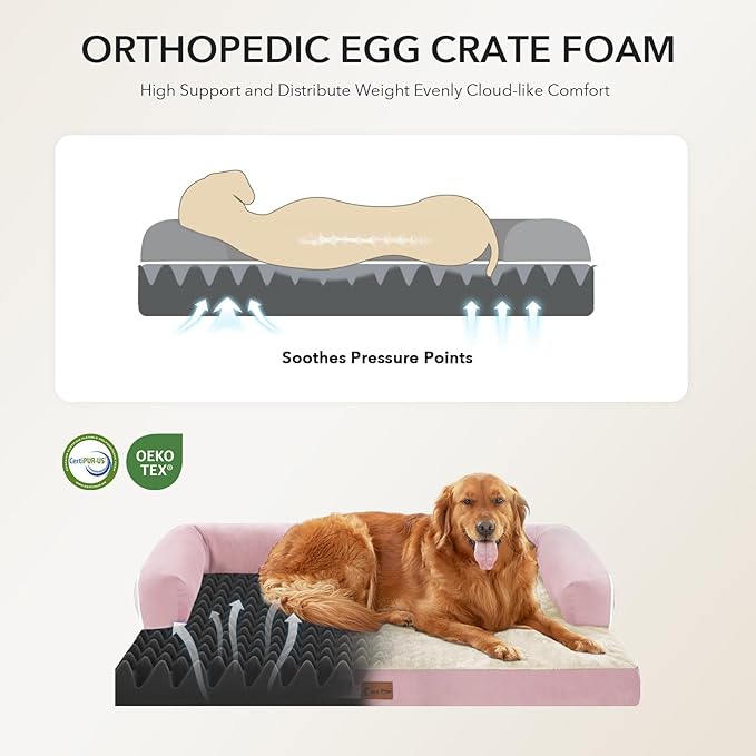 Casa Paw Orthopedic Dog Beds for Large Sized Dogs, Waterproof Egg Crate Foam Medium Dog Couch Beds for Crate 35x22Inch, Washable Pet Beds with Removable Cover and Nonskid Bottom, Pink