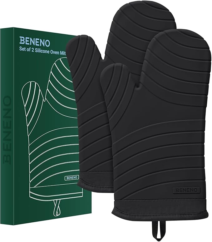 Beneno Heat Resistant Silicone Oven Mitts BPA-Free, Non-Slip Textured Grip & Quilted Cotton Lining, Waterproof Kitchen Mitt 2-Pack Set, 7"x13", Black