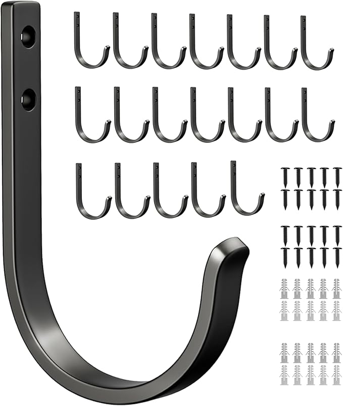 Josmimic 20-Pack Wall Hooks for Hanging Towel/Coat - 22LB Screw in Metal Hanger Wall Mount, for Outdoor, Closet, Door, Bathrooms, for Backpack, Robe, Black