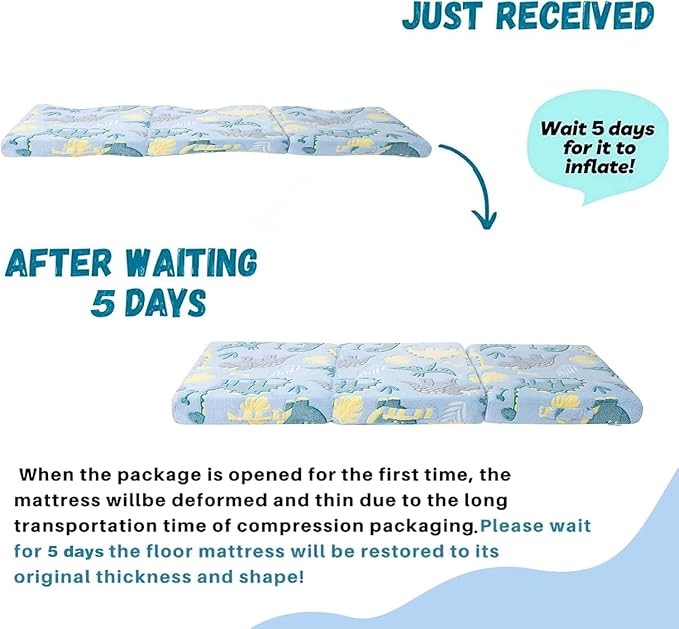 MeMoreCool Glow Dinosaur Kids Foldable Floor Mattress Mat with Carry Bag, 3-in-1 Tri-Fold Futon, Soft Plush Glow Cover, Portable for Travel, Blue 63x26 Inch