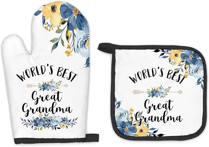 Great Grandma Gifts Oven Mitts and Pot Holders Sets, Gifts for Great Grandma from Grandkids Kitchen Accessories Sets, World’s BestGreat Grandma Heat Resistant Oven Glove Potholders for Kitchen