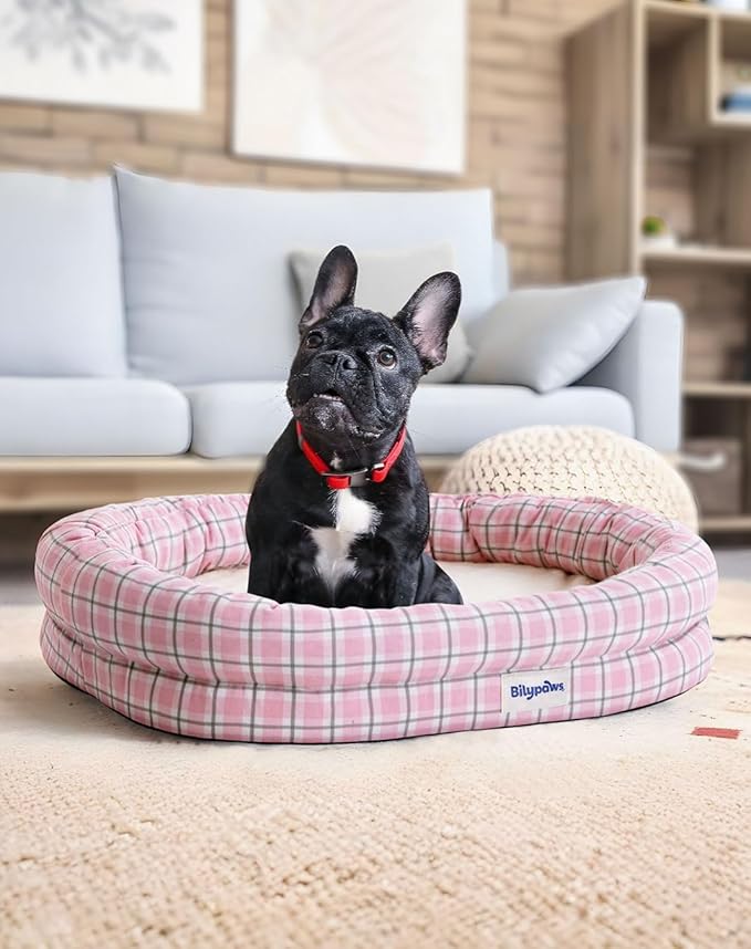 bilypaws Orthopedic Dog Bed for Small Dogs, Pet Sofa Bed with Egg Crate Foam, 4-Sided Bolster, Removable Washable Cover & Anti-Slip Bottom, Small Pink Plaid