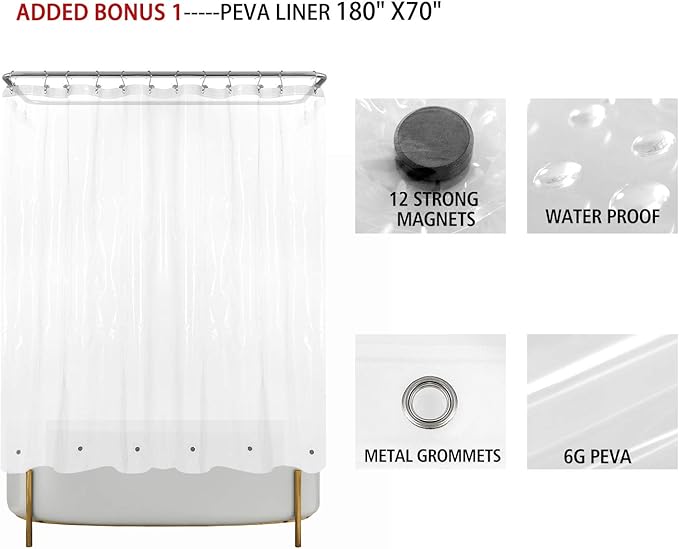 Barossa Design Clawfoot Tub Cotton Waffle Shower Curtain 180 x 70 Set with PEVA Liner and 36 Metal Hooks - White, Wrap-Around 180x70