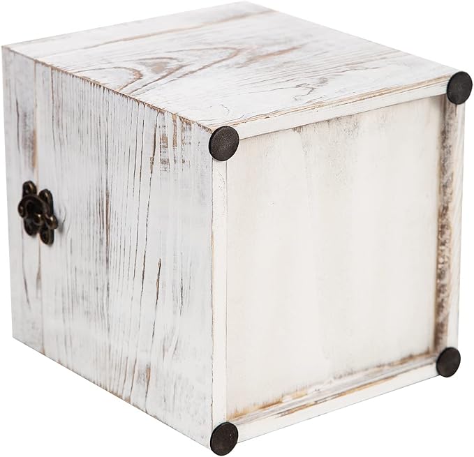 Distressed Farmhouse Square Solid Wood Tissue Box Cover with Slide-Out Bottom Panel Honey Brown Tissue Box Holder for Bathroom Living Room Dining Room Bedroom Toilet (Vintage White)