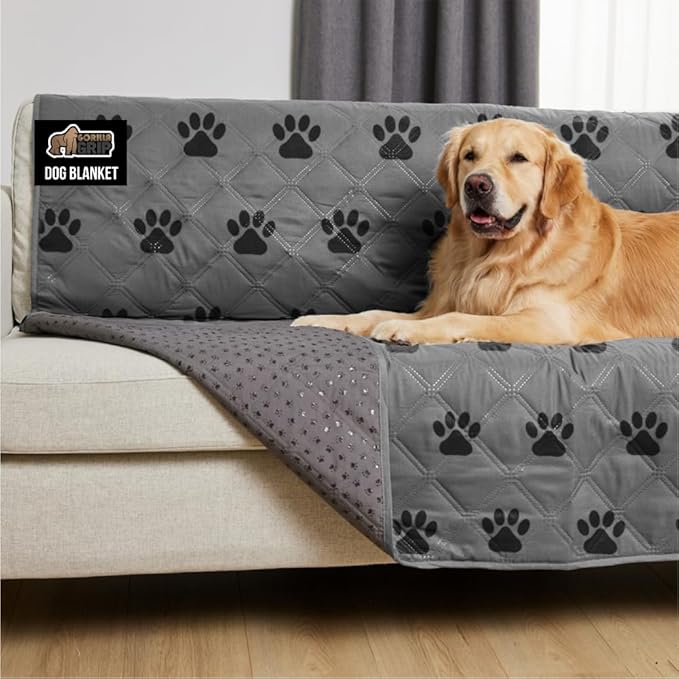 GORILLA GRIP Waterproof Bed Cover for Dogs, 82x52, Gripped Slip Resistant Backing, Leak Proof Washable Dog Blanket Covers Sofa, Couch, Sectional, Crate, Car, RV Seats, Pet Puppy Essentials, Gray Paw