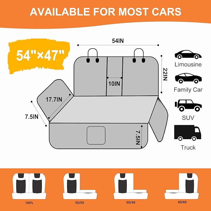 EasyHaWei Dog Car Seat Cover for Back Seat Bench Cover, Compatible for Armrest 100% Waterproof & Nonslip Backseat Protector for Pet （Standard）