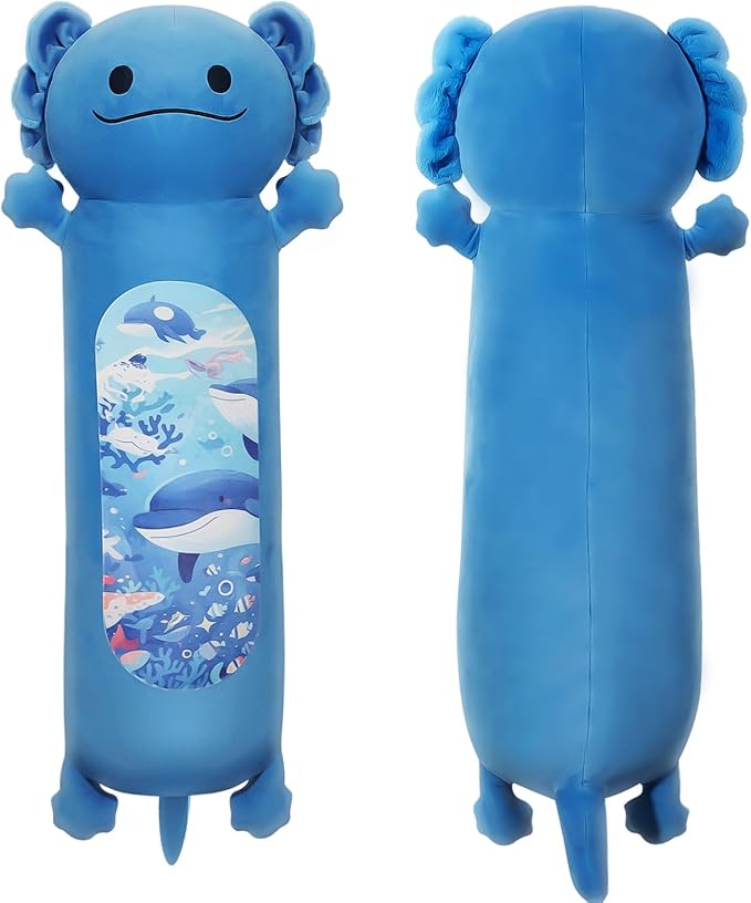 36 inch Long Axolotl Plush Body Pillow, Giant Cute Blue Ocean Axolotl Stuffed Animals, Big Salamander Squishy Soft Plushies Toy, Gifts for Kids Girls and Boys, Birthdays, Halloween, Christmas
