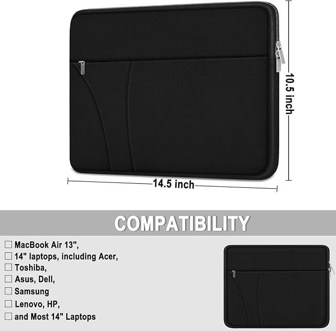Laptop Sleeve 14 inch, Slim Traveling Laptop Case Cover with Zippered Pocket, Shockproof Protective Carrying Briefcase Computer Bag for 14" MacBook Air/Pro, HP, Dell, Lenovo, Acer, Black