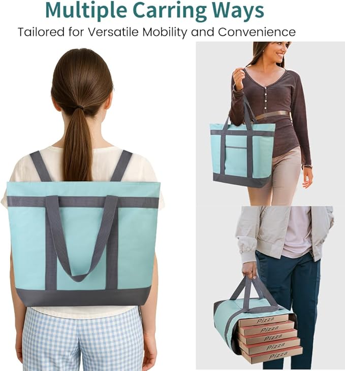 mosago Reusable Grocery Tote Bags, Insulated Cooler Shopping Bag for Women/Men, Pizza/Food Delivery Bags to Keep Food Hot/Cold for Commercial Food Transport, Cooler Bag for Travel/Beach/Picnic, Green