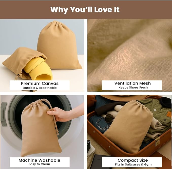 LFH Cotton Rich Shoe Storage Bags with Drawstring, Dustproof Breathable Reusable Organizer, Perfect For Travel, Dorm, Hotel, College, Gym, Easy to Carry, Machine Washable 8"x17" (Pack of 4) - Beige