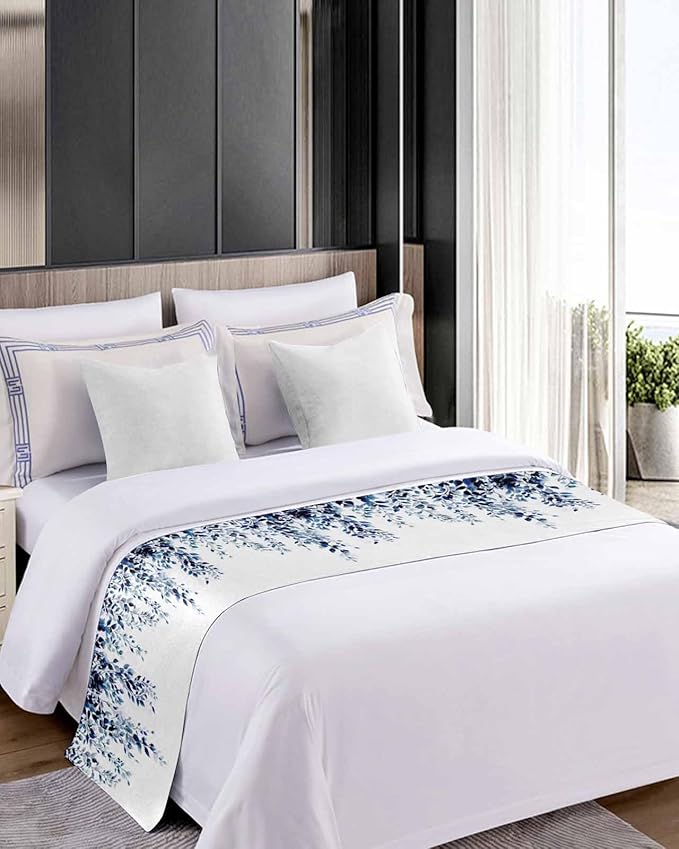 DecorLovee Blue Eucalyptus Bed Runners for Cal King Size Bed, Weeping Botanical Decorative Bed Throws for Foot of Bed, Leaf Watercolor Bed Runner Sofa Throw Bedding Scarf Slipcover for Bedroom