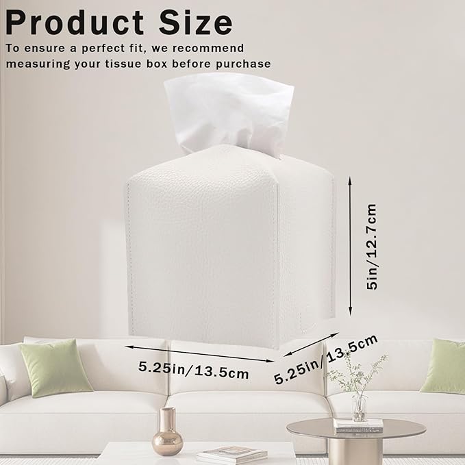 Hapforever 1PC Square Tissue Box Cover, PU Leather Square Tissue Box Holder with Bottom Belt Modern Tissue Box Organizer for Bathroom/Car/Hotel/Office (5.25”x5.25”x5”, White)