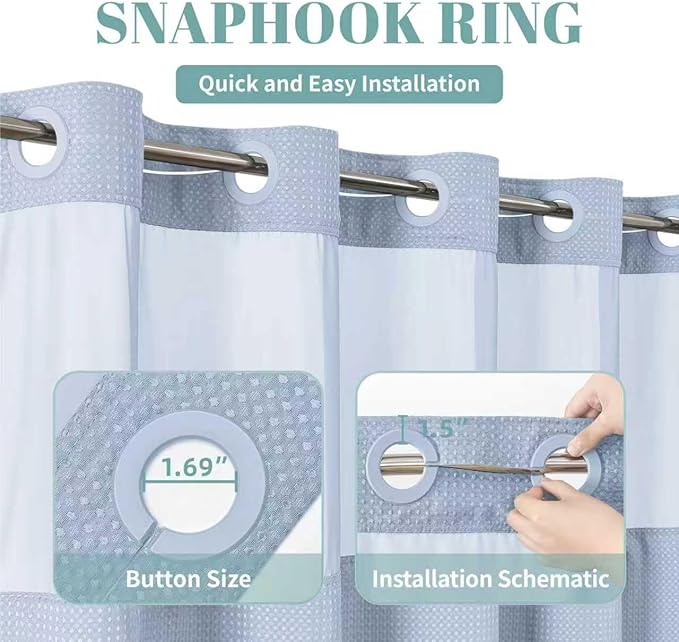 eachope Blue No Hook Waffle Weave Shower Curtain with snap-in Liner Replacement, 230GSM Waterproof Fabric Hotel Shower Curtain Set for Bathroom, Through Mesh Top Window,60Wx74H