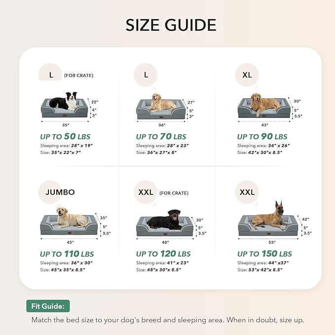 Casa Paw Orthopedic Dog Beds for Large Sized Dogs, Waterproof Memory Foam Large Pet Bed with Sides 36x27Inch, Non-Slip and Egg-Crate Foam Big Dog Couch Bed with Removable Washable Cover, Grey