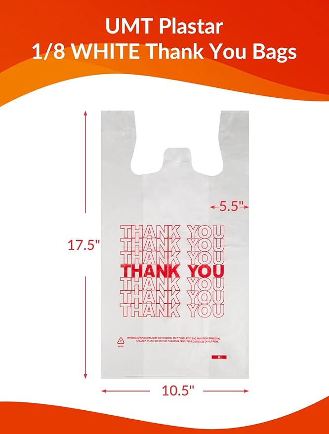 UMT Plastar 1000 Count Thank You Plastic T-Shirt Bags with Handles, 10.5" x 5.5" x 17.5" (1/8 Size), 14 Mic, Black – Ideal for Grocery, Retail, Takeout, and Desk Trash Use