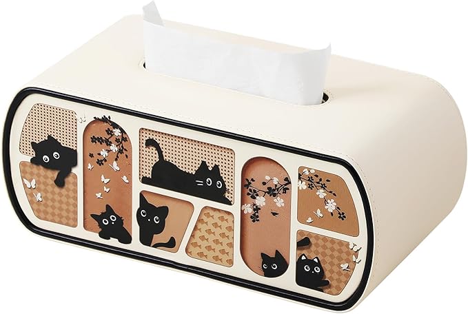 MEIBOOCH Cat-Themed Tissue Box Cover Rectangle, Stylish Tissue Holder for up to 4 Inches High Boxes, Curved Edge Tissue Box Holder (Beige)