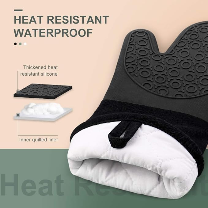 sungwoo Extra Long Silicone Oven Mitts, Heat Resistant Oven Gloves with Quilted Liner Non-Slip Textured Grip Perfect for BBQ, Baking, Cooking and Grilling - 1 Pair 14.6 Inch Black
