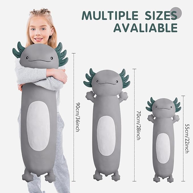 Dalmao 36 inch Cute Giant Grey Axolotl Plush Soft Long Body Pillow, Large Squishy Plushies Axolotl Stuffed Animals Toy, Gifts for Kids Boys Girls Birthday, Halloween, Christmas