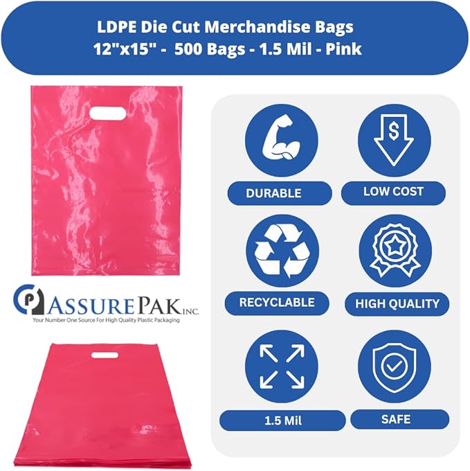 LDPE Die Cut Merchandies Bags - 500 Bags - 12"x15" - 1.5 mil - Pink - 1215DCPINK - AssurePak