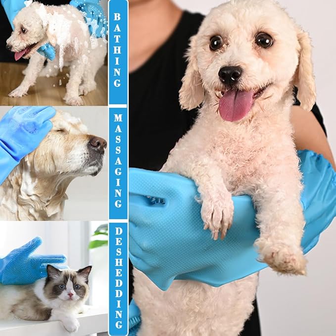 1TO3GO Pet Grooming Gloves Pet Hair Remover Cat, Dog Washing Gloves Silicone Heat Resistant Cleaning Gloves with High-Density Teeth Grooming Gloves for Dogs, Cats, Horses, Rabbits (2 Pairs - Blue)