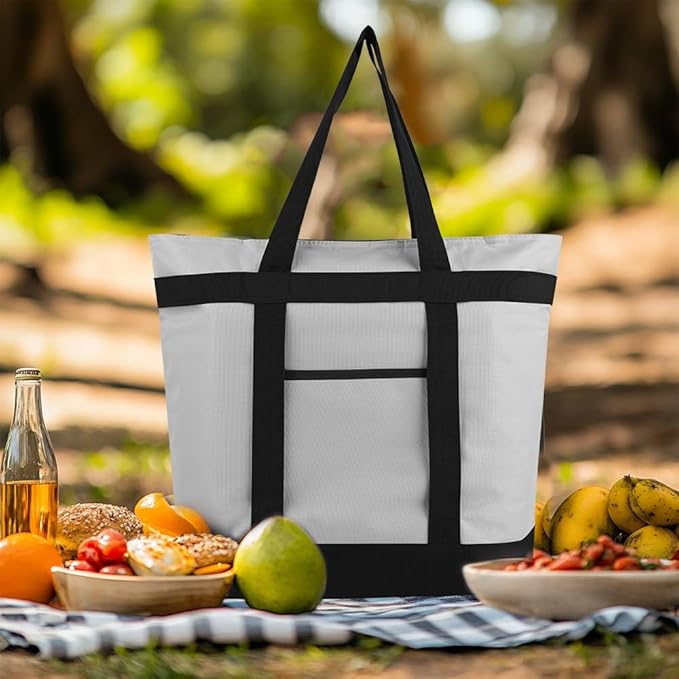 mosago Reusable Grocery Tote Bags, Insulated Cooler Shopping Bag for Women/Men, Pizza/Food Delivery Bags to Keep Food Hot/Cold for Uber Eats/Doordash/Grubub, Cooler Bag for Travel/Beach/Picnic, Grey
