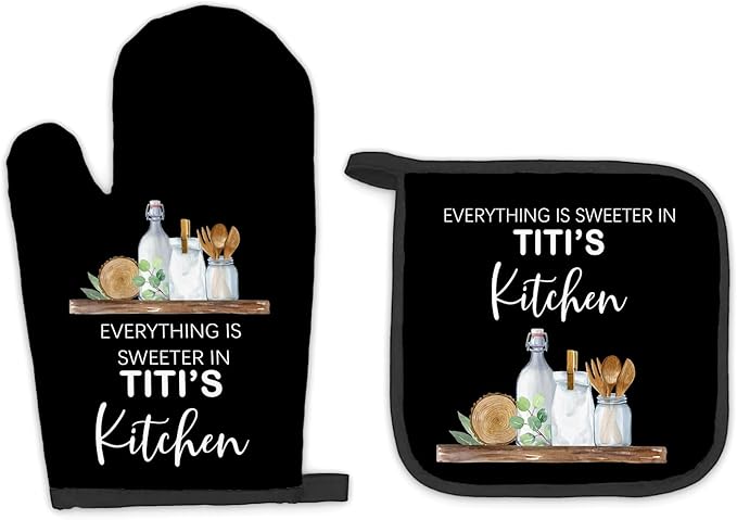 Titi Gifts Oven Mitts and Pot Holders Sets, Gifts for Titi Aunt Auntie Aunty, Titi Aunt Auntie Gifts from Nephew Niece, Sweeter in Titi’s Kitchen Heat Resistant Oven Glove Potholders for Kitchen