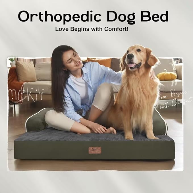 Large Dog Bed Orthopedic Washable - Removable Waterproof Cover Bed Pet - Large Big Dogs - Memory Foam - Couch Sofa with Removable Bolster - Dark Green Dog Bed