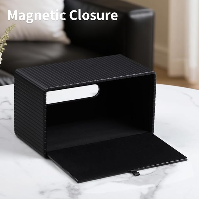 MEIBOOCH Extra Large Tissue Box Cover for Standard Size 180 to 230 Count Box of Tissues, PU Leather Rectangle Tissue Holder with Magnetic Closure (Black)