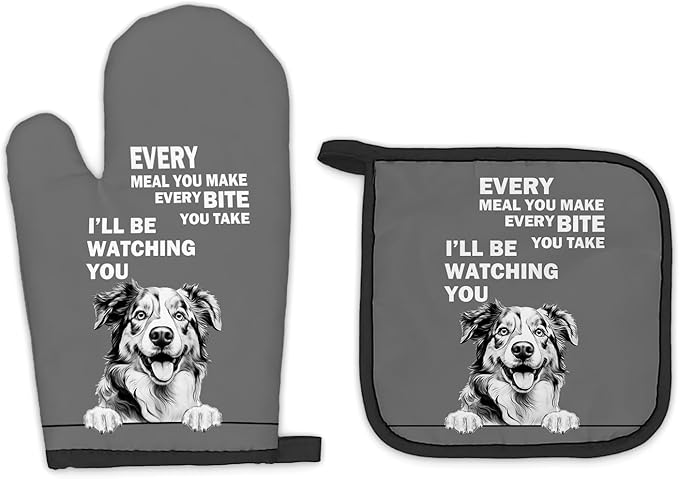Australian Shepherd Dog Oven Mitts and Pot Holders Sets, Australian Shepherd Gifts Kitchen Accessories Sets,Funny Dog Every Meal You Make Heat Resistant Oven Glove Potholders for Kitchen Baking