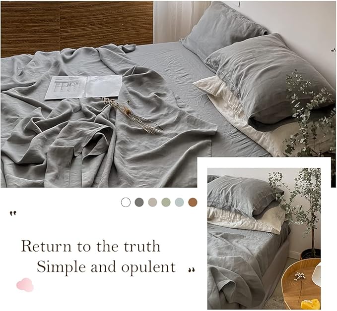 Simple&Opulence Washed Linen Bed Sheet Set Basic Style 4 Pieces (1 Flat Sheet & 1 Fitted Sheet & 2 Pillowcases) 100% Natural French Flax Soft Breathable Farmhouse Bedding (King, Ultimate Gray)