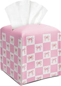 Pink Gingham Bow Tissue Box Cover Square, Leather Tissue Holder with Bottom Belt, for Nightstands Desks Office Bathroom Car Vanity Home Decor Supplies -006