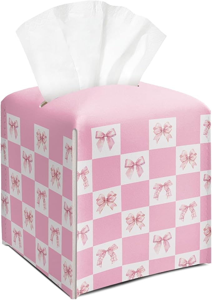 Pink Gingham Bow Tissue Box Cover Square, Leather Tissue Holder with Bottom Belt, for Nightstands Desks Office Bathroom Car Vanity Home Decor Supplies -006