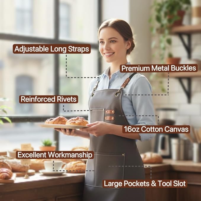 Canvas Work Apron for Men Women with 3 Pockets Heavy Duty Crossback Kitchen Chef Aprons for Cooking Grilling Barista