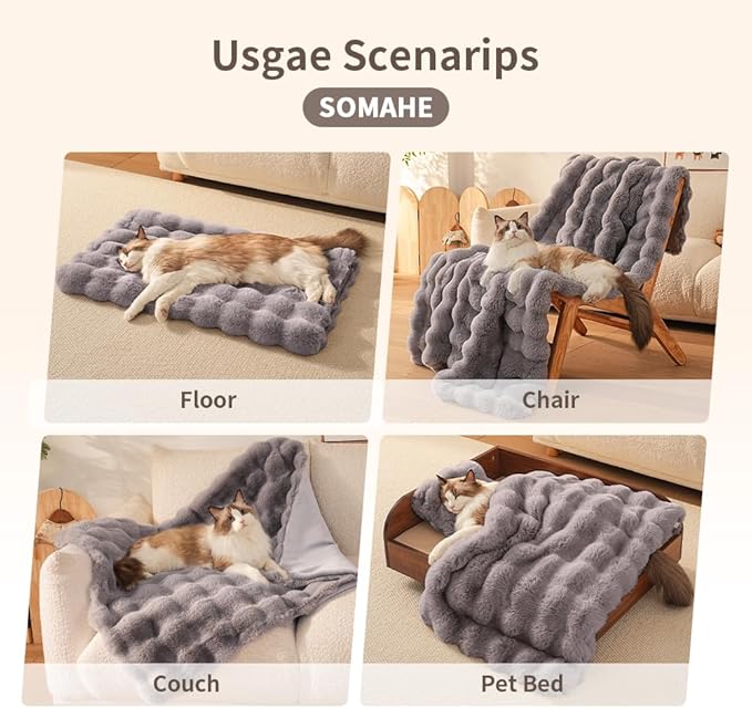 SOMAHE Self-Warming Cat Blanket for Indoor Cats & Small Dogs, Dual-Side Sherpa Plush Throw, Anti-Static Shared Couch Mat for Crate & Travel, Machine Washable No Shrink, 28x22 Inch Gray
